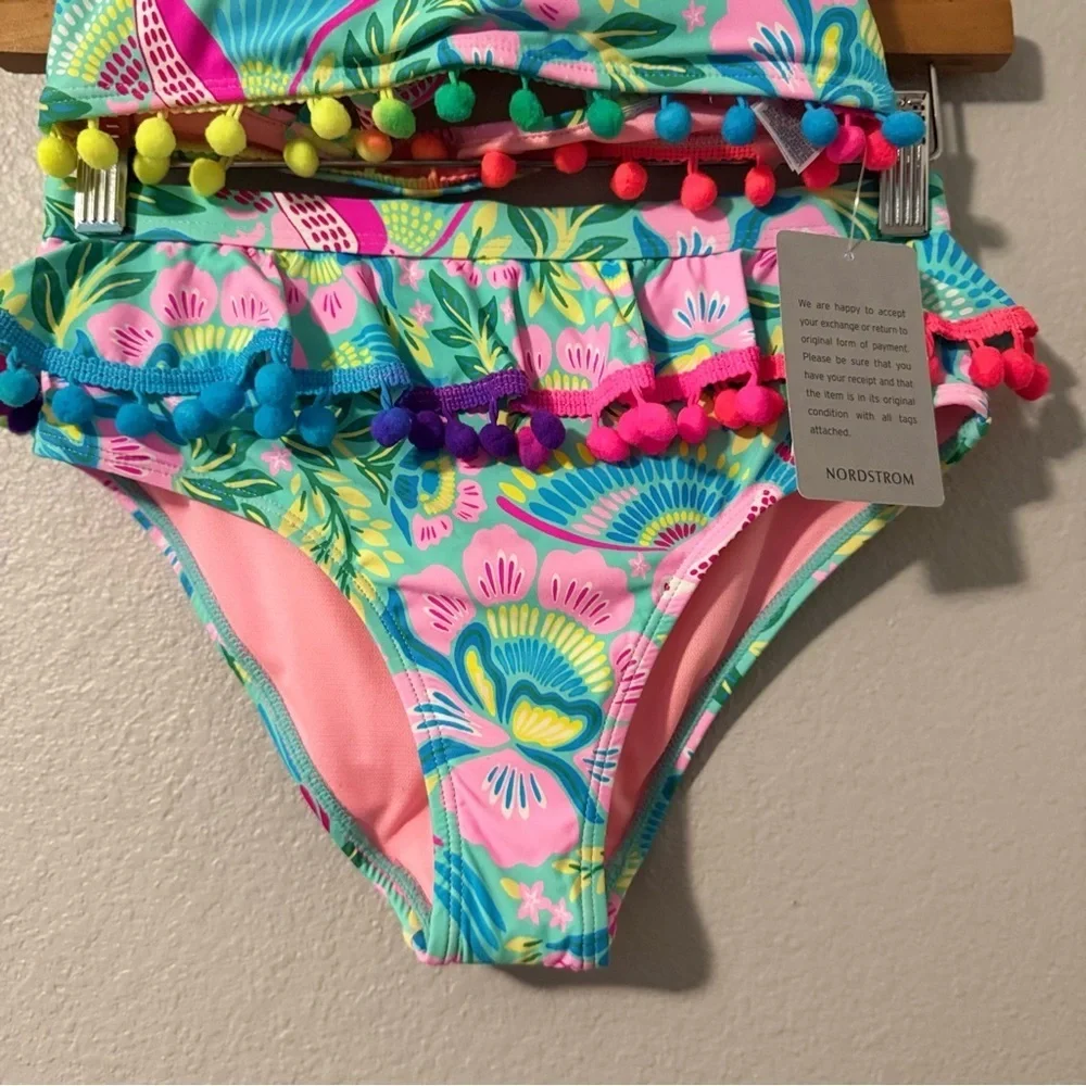 New Kids' Tropical Ruffle Pompom 2-Piece Bikini Set Beach Lingo Big Kid Size 10